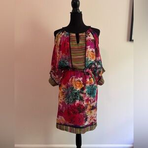Colorful dress with cut out shoulders. Fun with heels or flats!